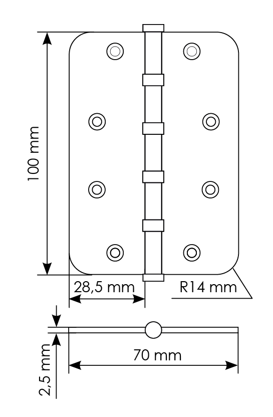 Петля стальная MSN-C 100X70X2.5-4BB SN скругленная универсальная с подшипником, вес полотна до 40 кг, цвет белый никель фото купить в Астане